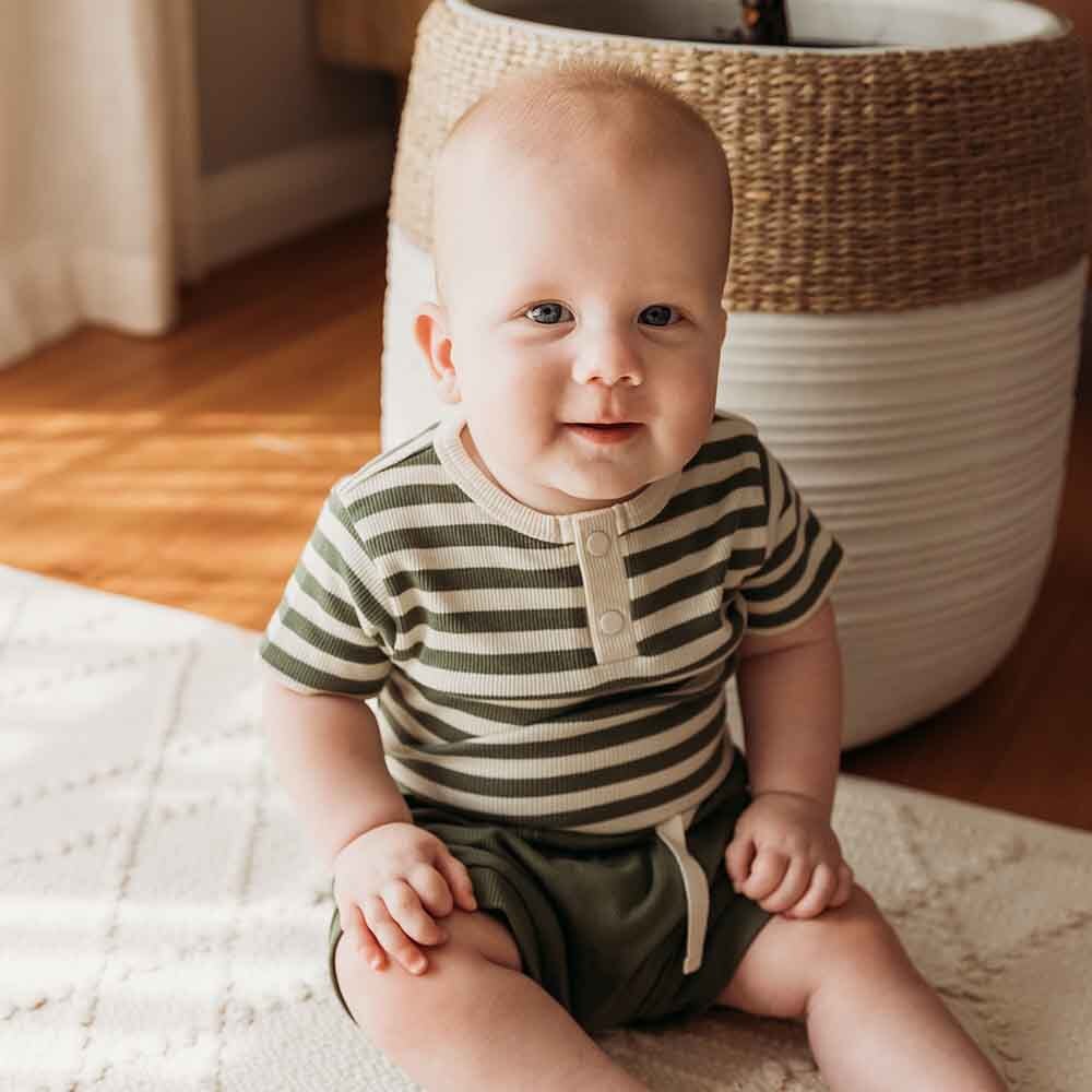 Olive Stripe Short Sleeve Organic Bodysuit - View 4