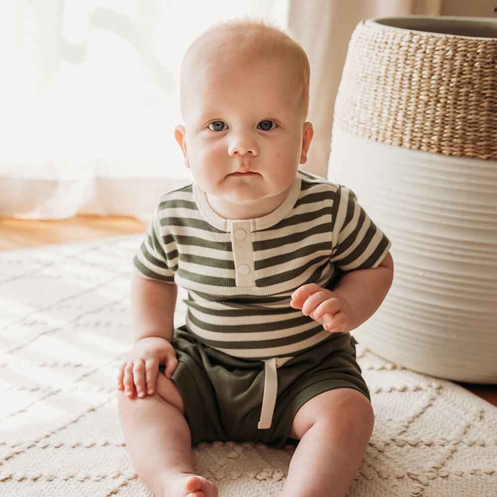 Olive Stripe Short Sleeve Organic Bodysuit - View 6