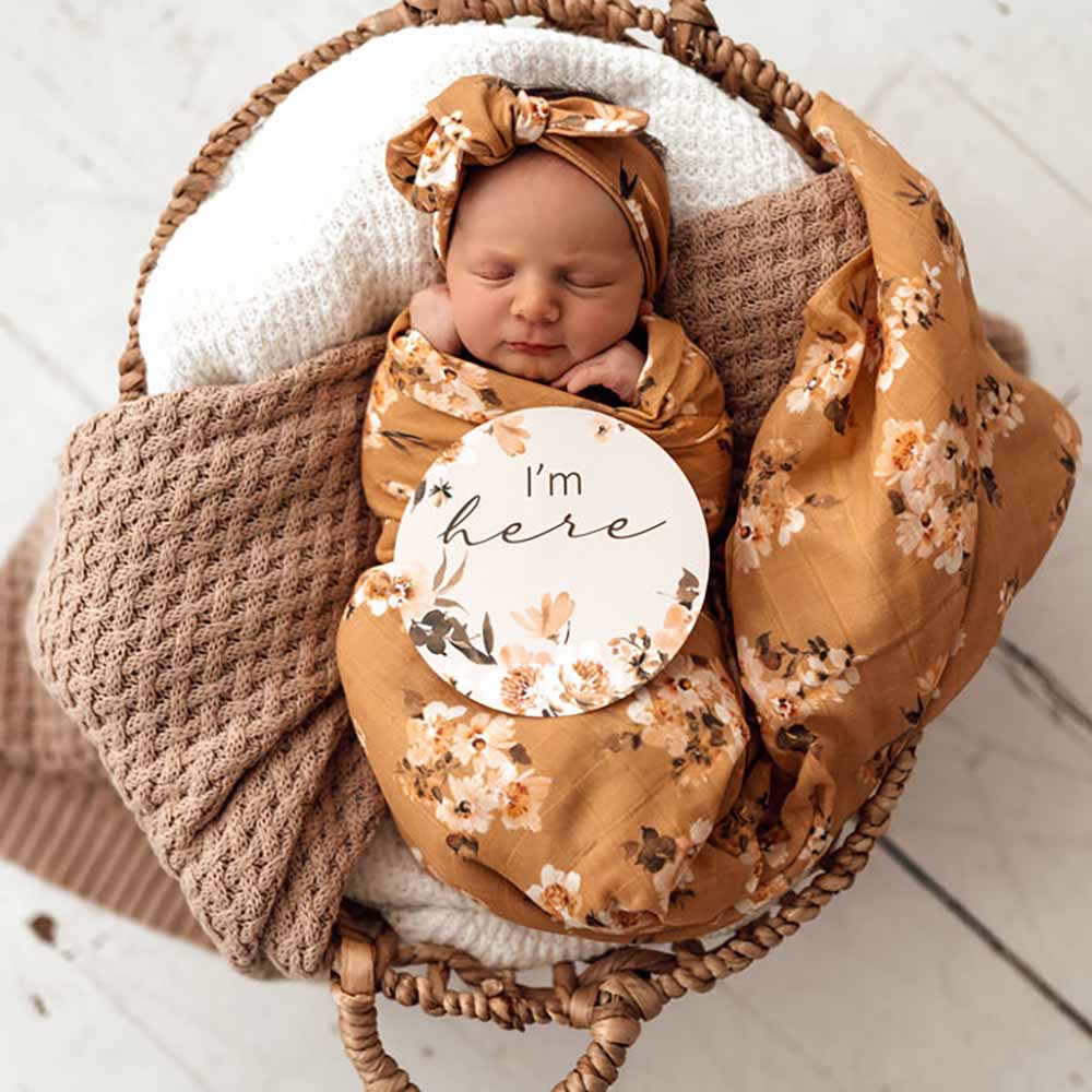 Golden Flower Muslin Wrap Birth Announcement Set - View 1