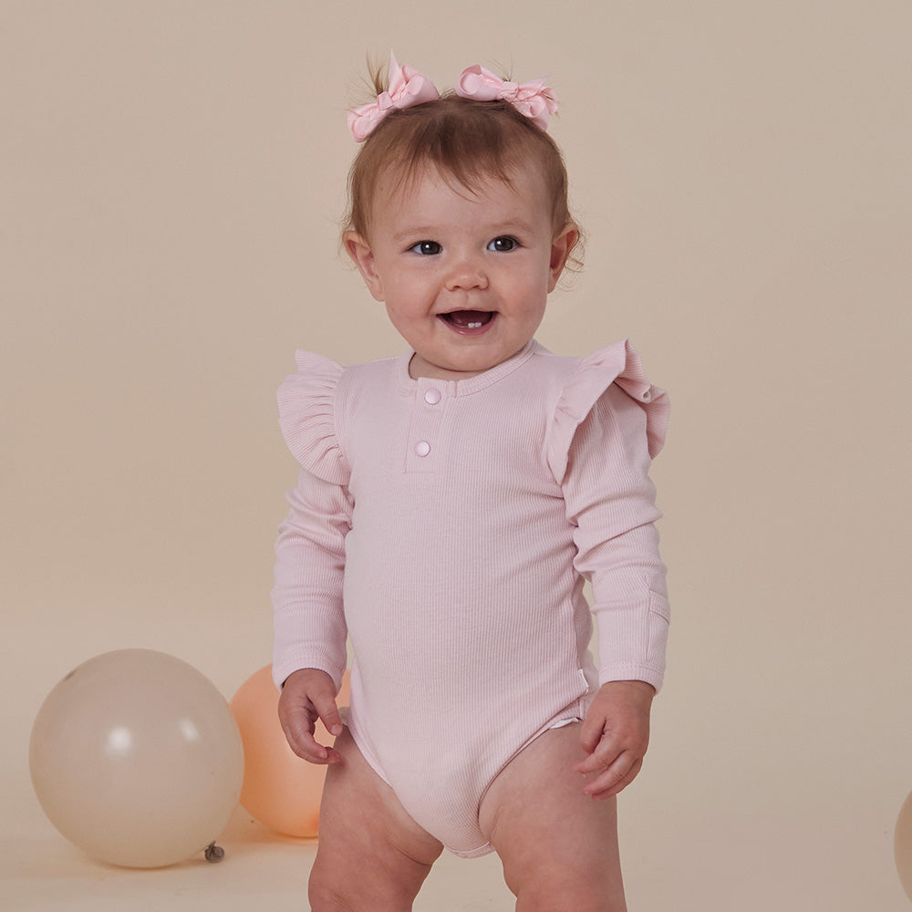 Baby Pink Long Sleeve Organic Bodysuit with Frill - View 1
