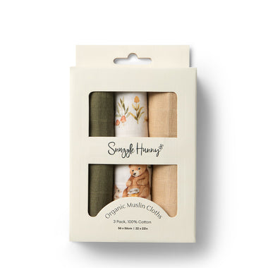Small Organic Muslin Cloths 3 Pack - Olive/Bears/Pebble | Snuggle Hunny