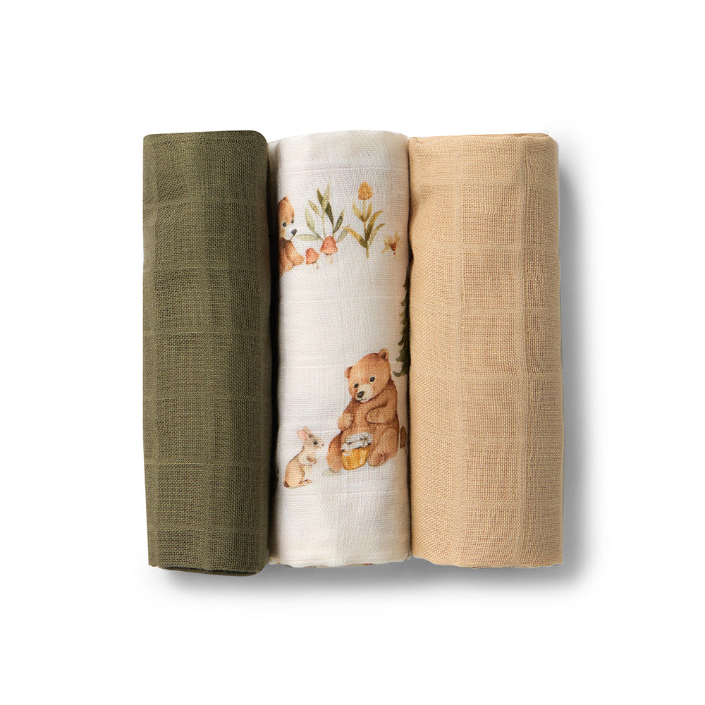 Small Organic Muslin Cloths 3 Pack - Bears/Olive/Pebble - View 2