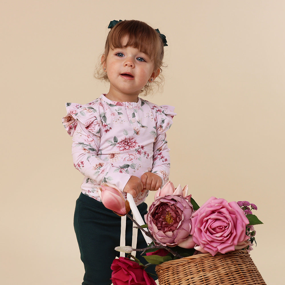 Birds & Blooms Long Sleeve Organic Bodysuit with Frill - View 7