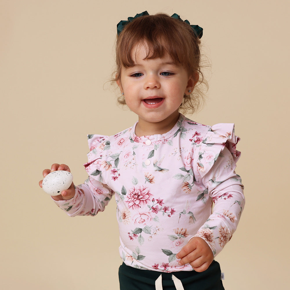 Birds & Blooms Long Sleeve Organic Bodysuit with Frill - View 3