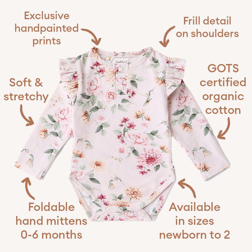 Birds & Blooms Long Sleeve Organic Bodysuit with Frill - View 6