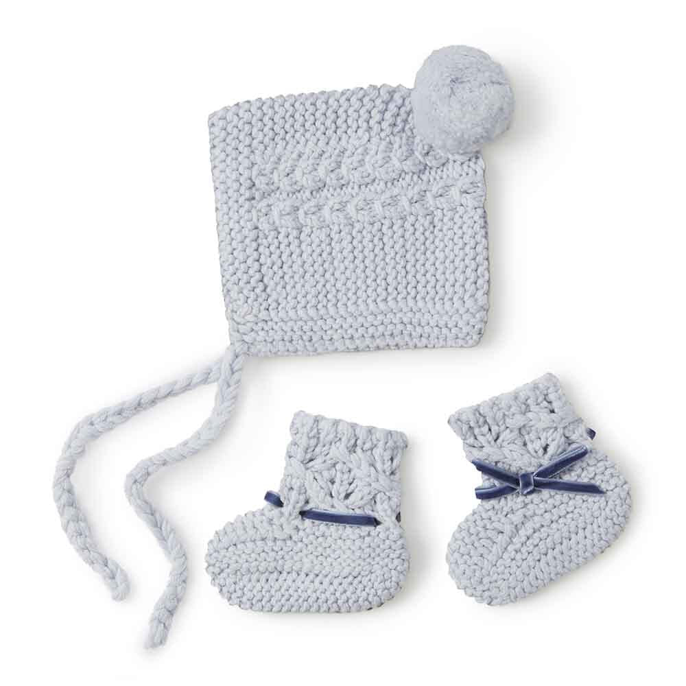 Blue Merino Wool Bonnet & Booties - View 2