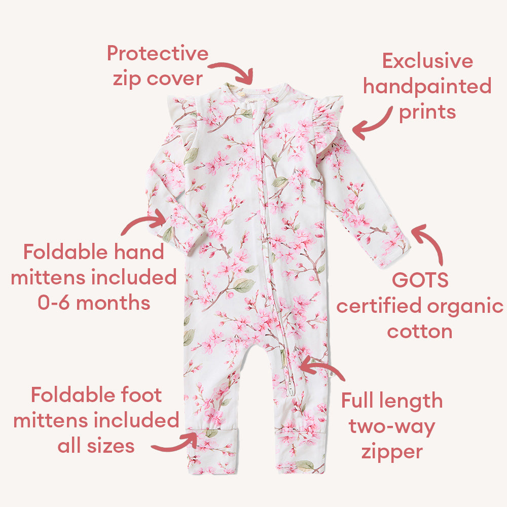 Cherry Blossom Organic Snugglesuit Convertible Romper with Frill - View 4