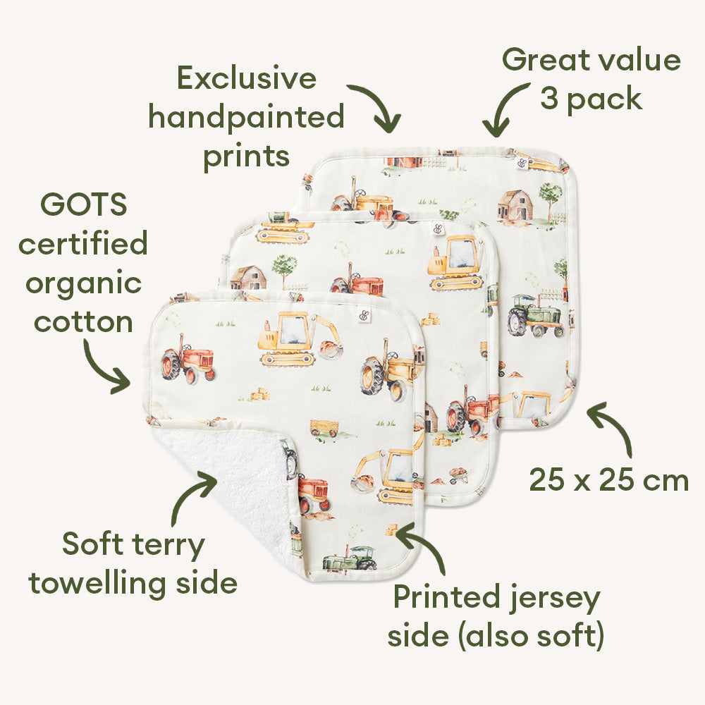 Diggers & Tractors Organic Wash Cloths - 3 Pack - View 2