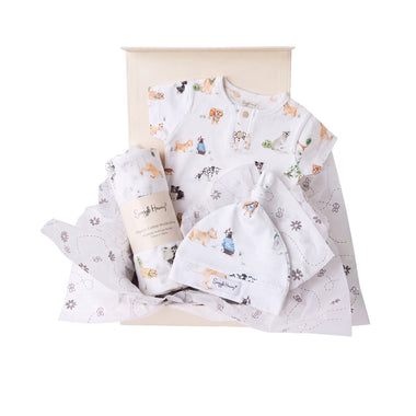 Snuggle Hunny Classic Dog Park gift hamper in a cream gift box with organic bodysuit, knotted beanie and print muslin wrap
