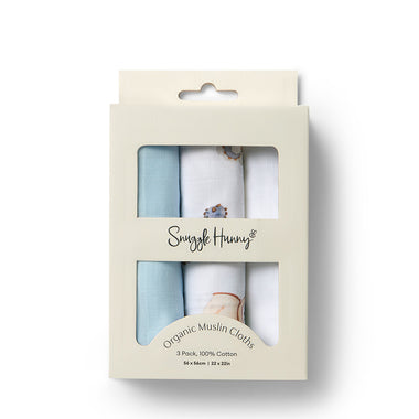 Small Organic Muslin Cloths 3 Pack - Milk/Dragon/Baby Blue | Snuggle Hunny