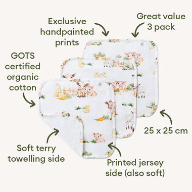 Baby Wash Cloths - Farm Organic Wash Cloths - 3 Pack
