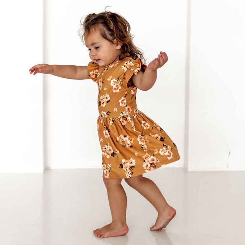 Golden Flower Short Sleeve Organic Dress - View 1