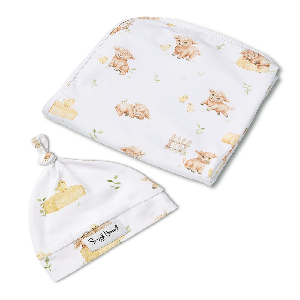 Highland Cows Organic Jersey Wrap & Beanie Set - View 2