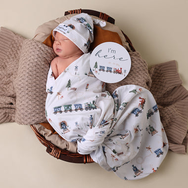 Trains Organic Jersey Wrap & Beanie Set | Snuggle Hunny