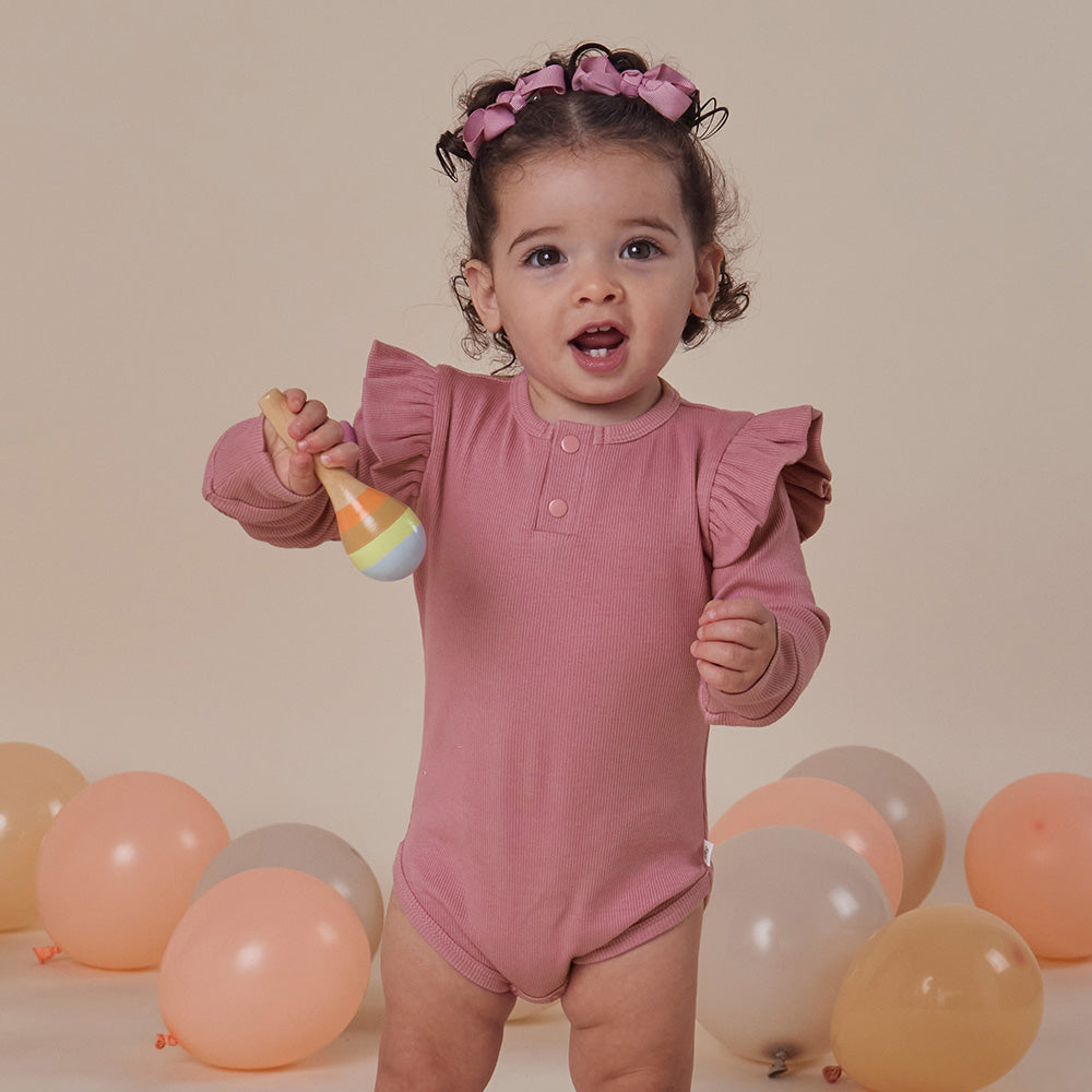 Jewel Pink Rib Long Sleeve Organic Bodysuit with Frill - View 1