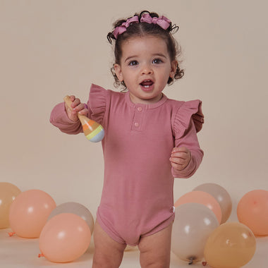 Jewel Pink Rib Long Sleeve Organic Bodysuit with Frill | Snuggle Hunny