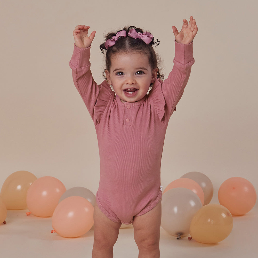 Jewel Pink Rib Long Sleeve Organic Bodysuit with Frill - View 6