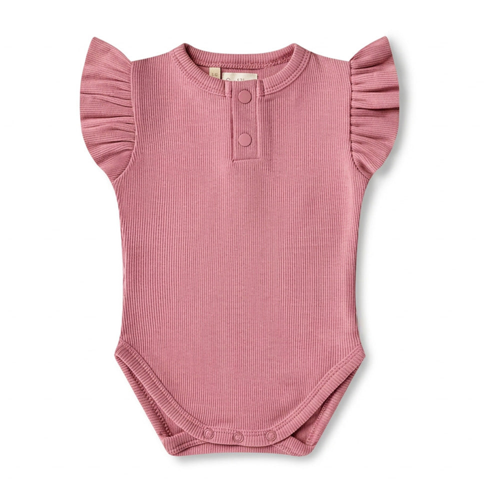 Jewel Pink Rib Short Sleeve Organic Bodysuit with Frill - View 2