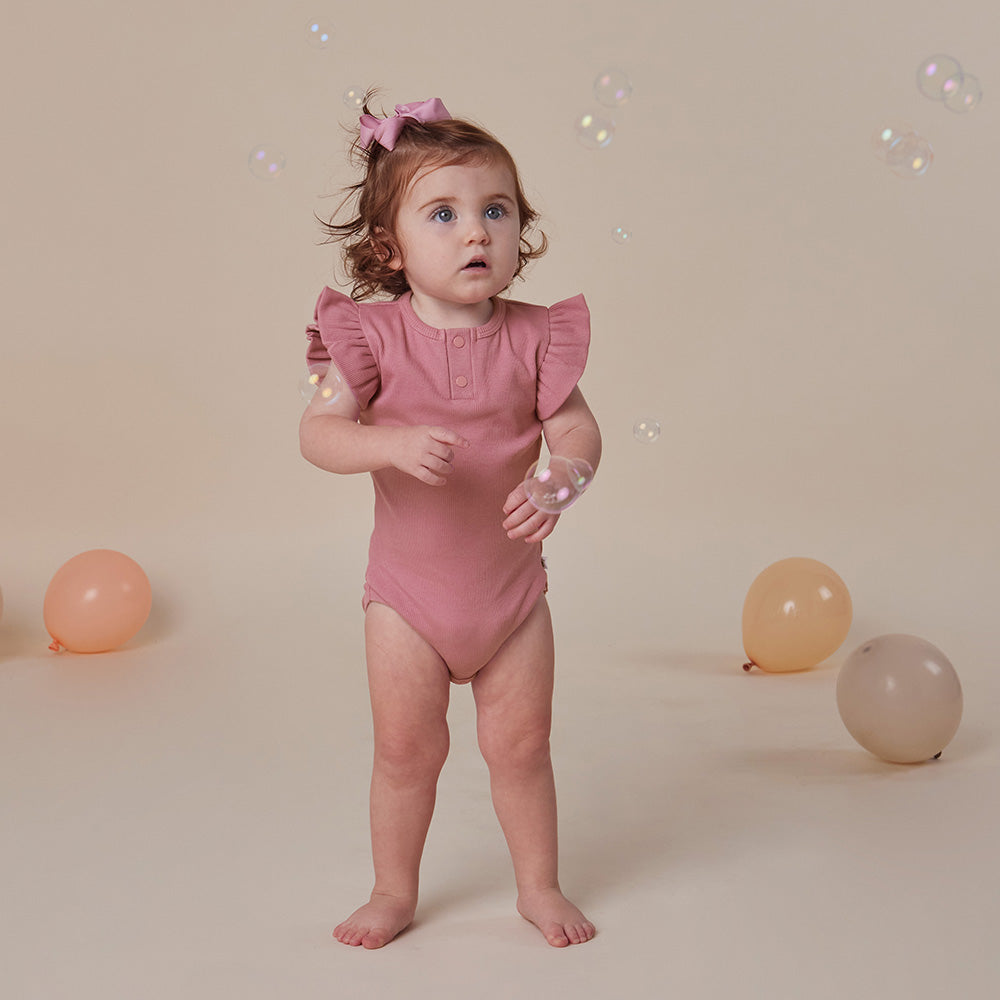 Jewel Pink Rib Short Sleeve Organic Bodysuit with Frill - View 6