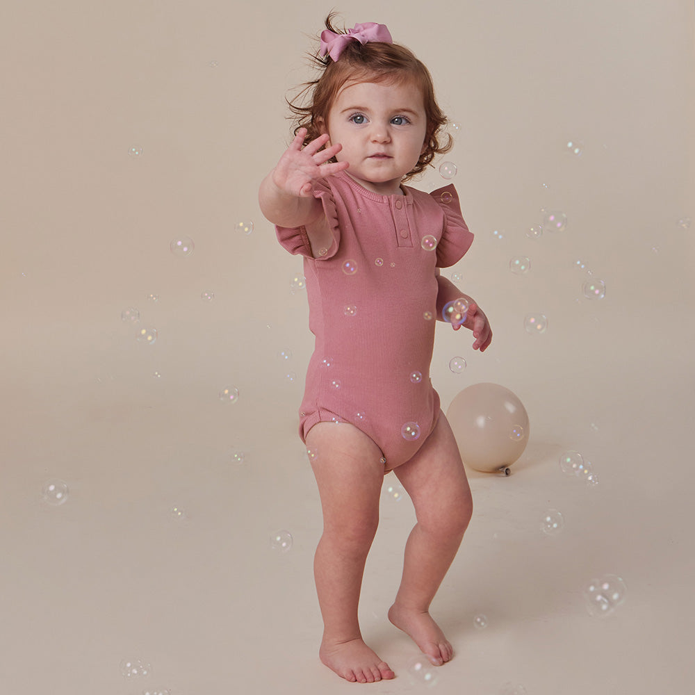 Jewel Pink Rib Short Sleeve Organic Bodysuit with Frill - View 4