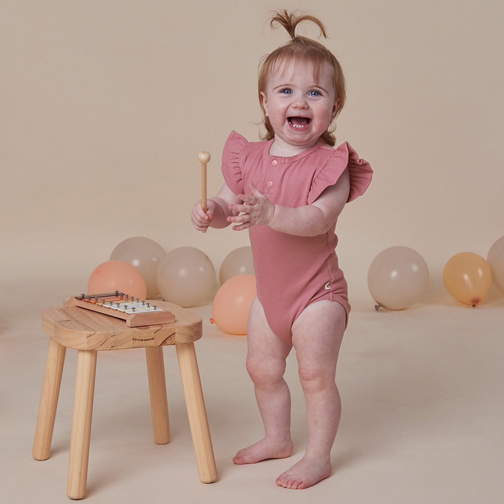 Jewel Pink Rib Short Sleeve Organic Bodysuit with Frill - View 1