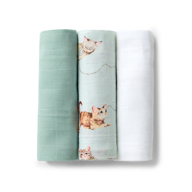 Small Organic Muslin Cloths 3 Pack - Sage/Kittens/Milk | Snuggle Hunny