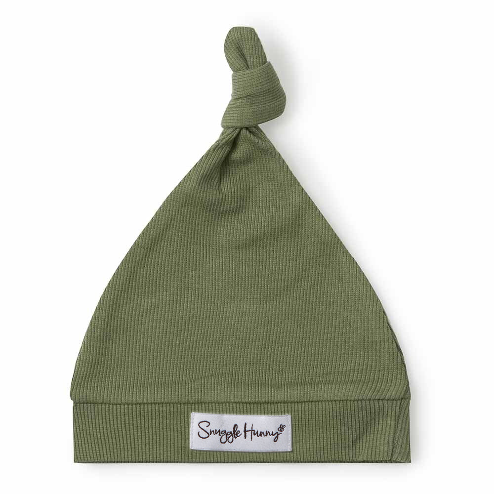 Olive Ribbed Organic Knotted Beanie - View 2