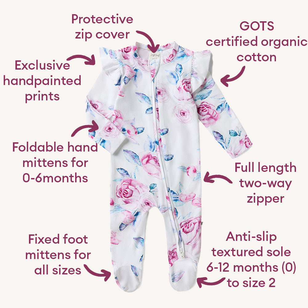 Lilac Skies Organic Snuggle Sleepsuit Zip Footie with Frill - View 4