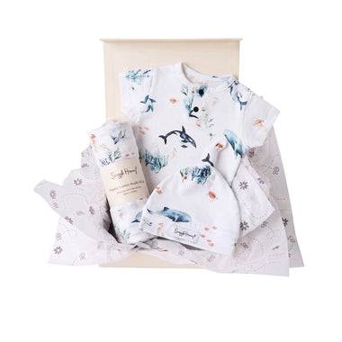 Snuggle Hunny Classic Ocean gift hamper in a cream gift box with organic bodysuit, knotted beanie and Ocean print muslin wrap
