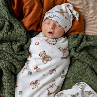 Santa's Toy Shop Organic Jersey Wrap & Beanie Set | Snuggle Hunny