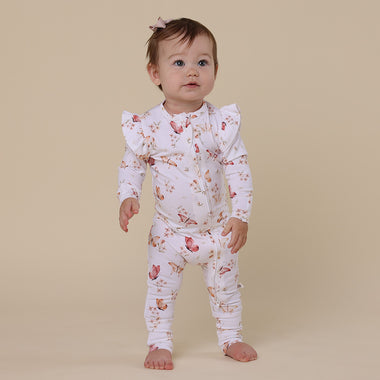Toddler wearing Butterfly Organic Snugglesuit Convertible Romper with Frill | Snuggle Hunny