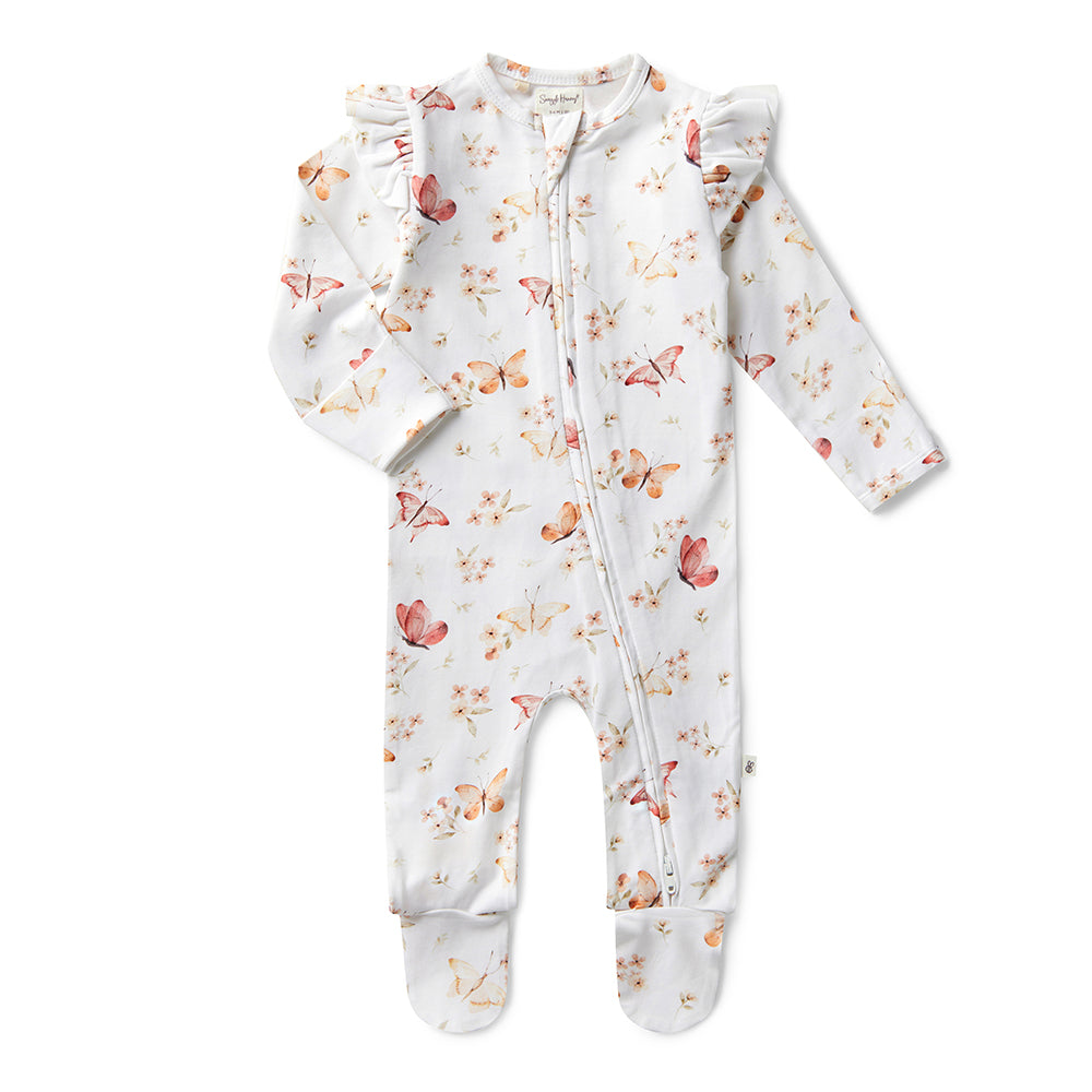 Butterfly Organic Snuggle Sleepsuit Zip Footie with Frill - View 2