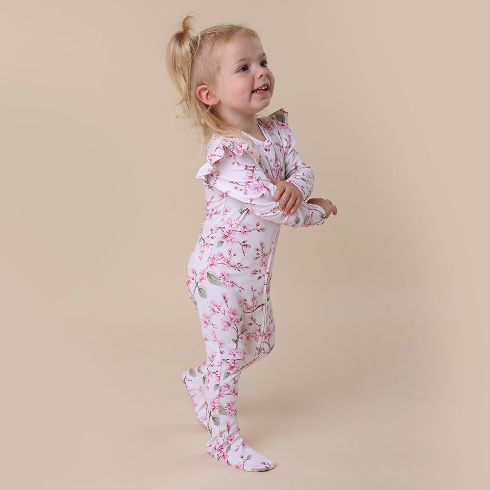 Cherry Blossom Organic Snuggle Sleepsuit Zip Footie with Frill - View 5