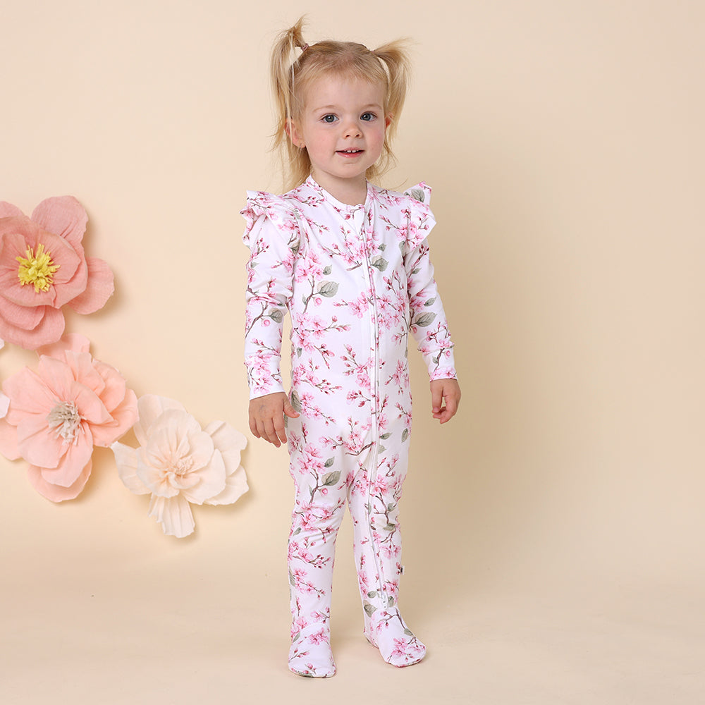 Cherry Blossom Organic Snuggle Sleepsuit Zip Footie with Frill - View 3