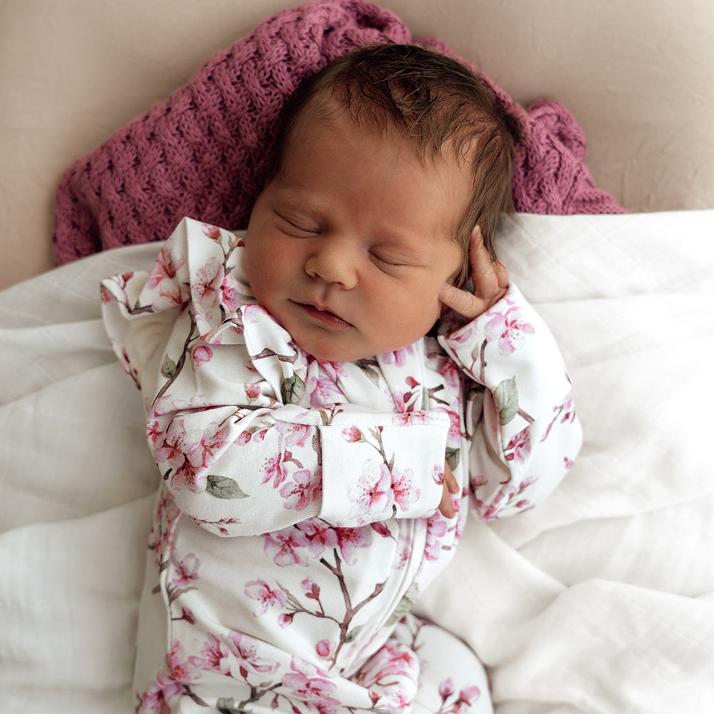 Cherry Blossom Organic Snuggle Sleepsuit Zip Footie with Frill - View 6