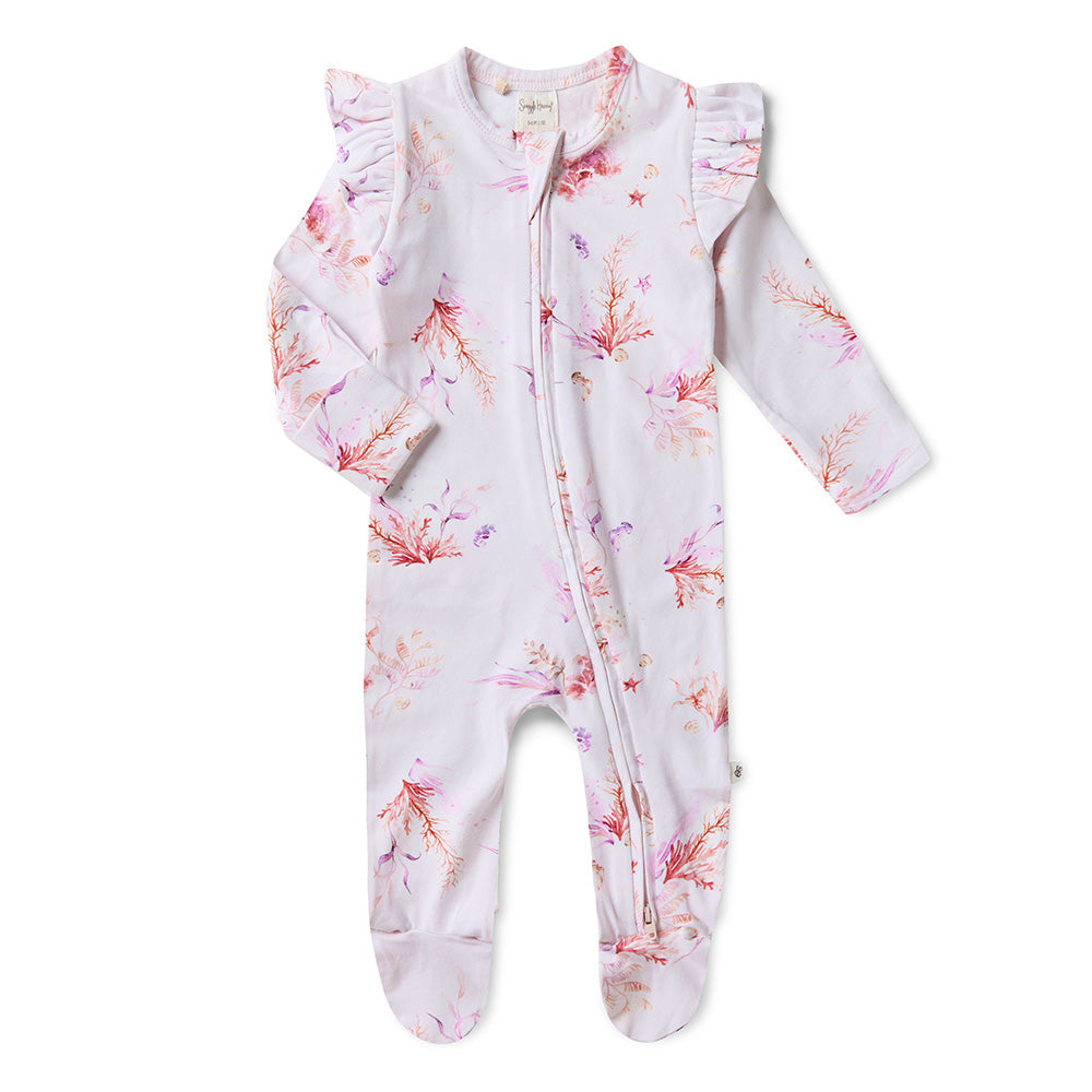 Coral Organic Snuggle Sleepsuit Zip Footie with Frill - View 2