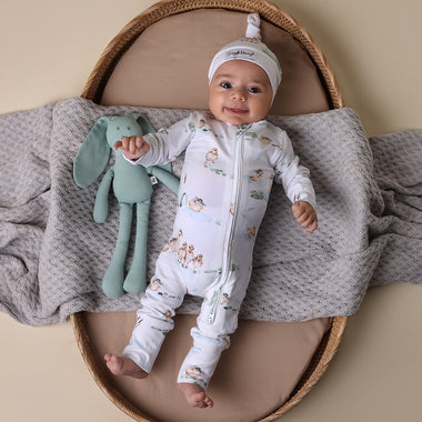 Baby wearing Duck Pond Organic Snugglesuit Convertible Romper | Snuggle Hunny
