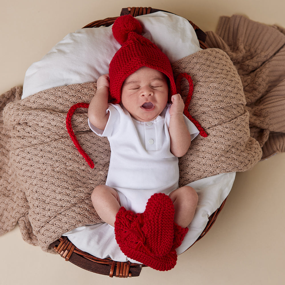 Red Merino Wool Bonnet & Booties - View 4