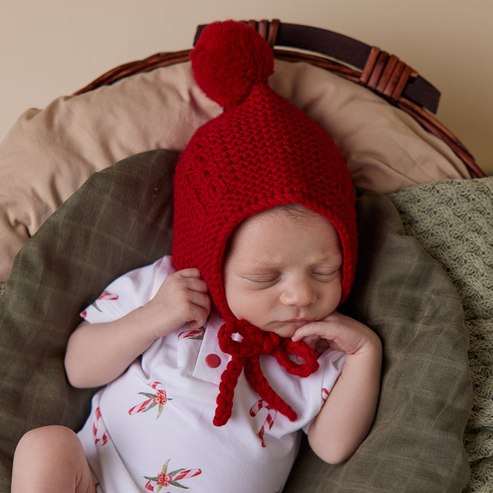 Red Merino Wool Bonnet & Booties - View 5