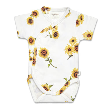 Sunflower Short Sleeve Organic Kimono Bodysuit | Snuggle Hunny
