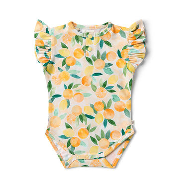 Sunny Citrus Short Sleeve Organic Bodysuit with Frill | Snuggle Hunny