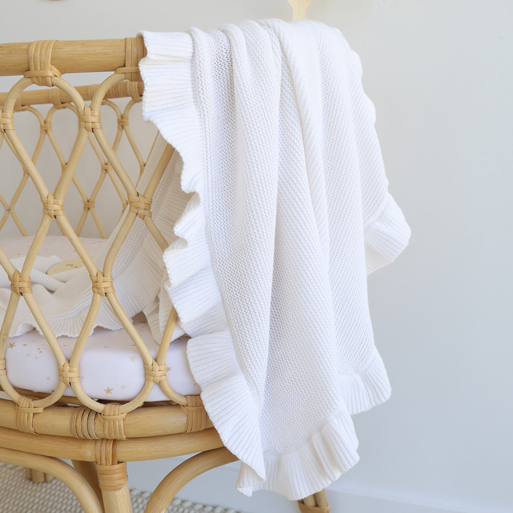 White Ruffle Knit Organic Baby Blanket - View 1